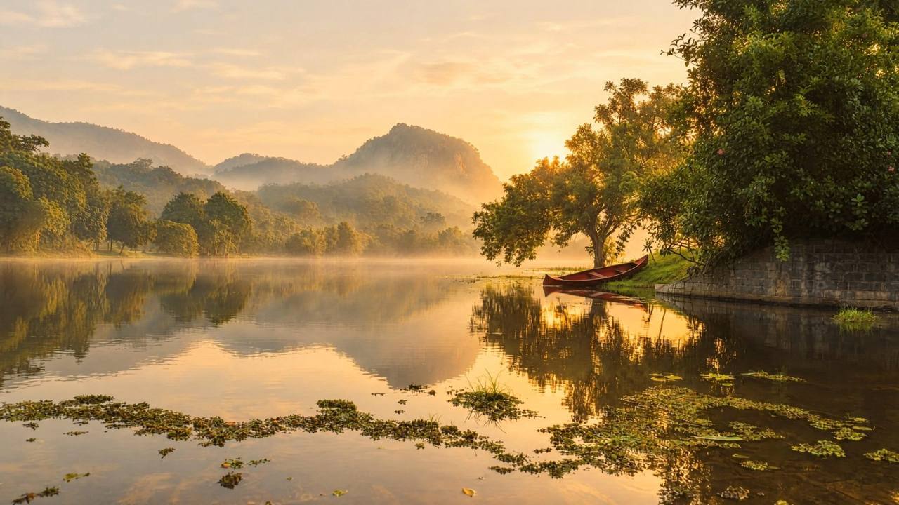 First light on Ulpotha's lake, morning mist on the still water and a red canoe at the shore.