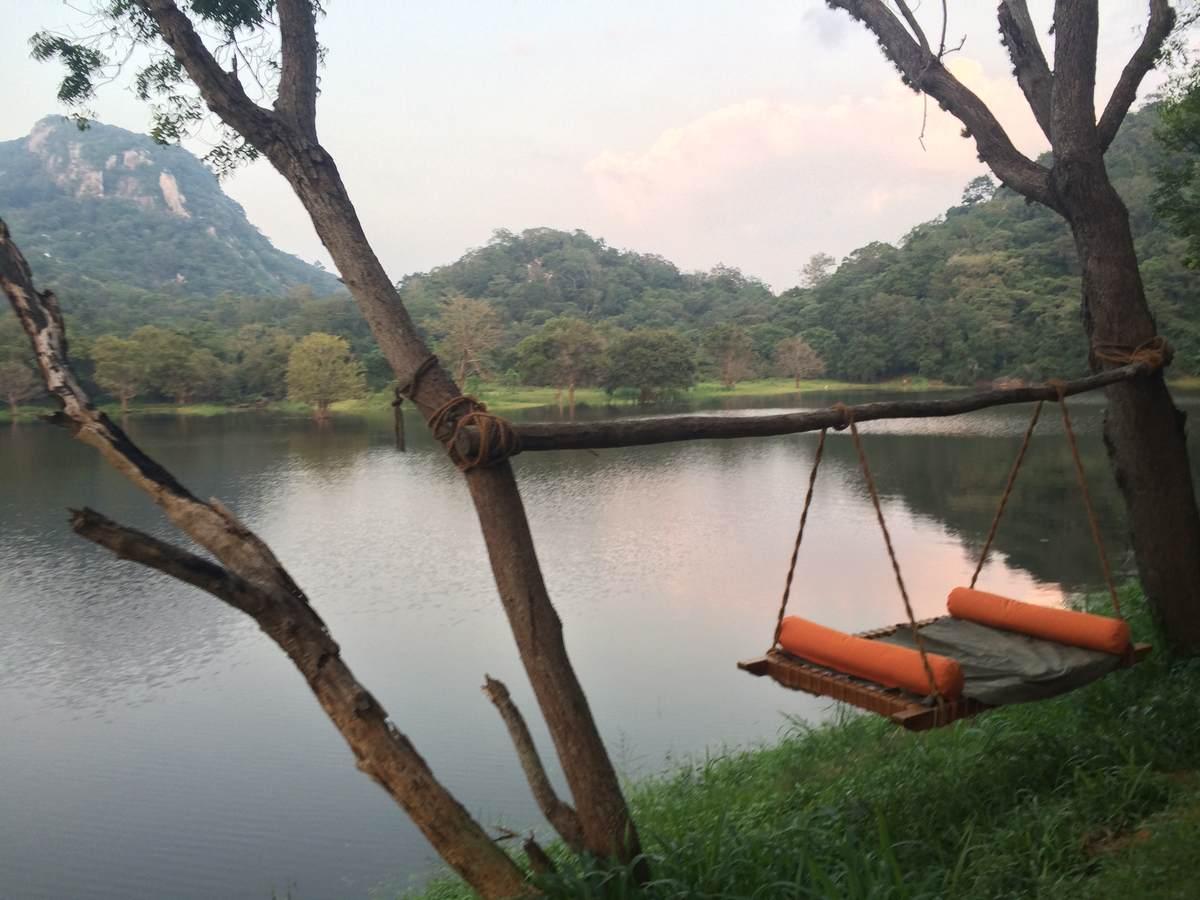 A hanging day bed with orange bolsters, slung from a branch between two trees on the lake shore, with the water and the hills beyond