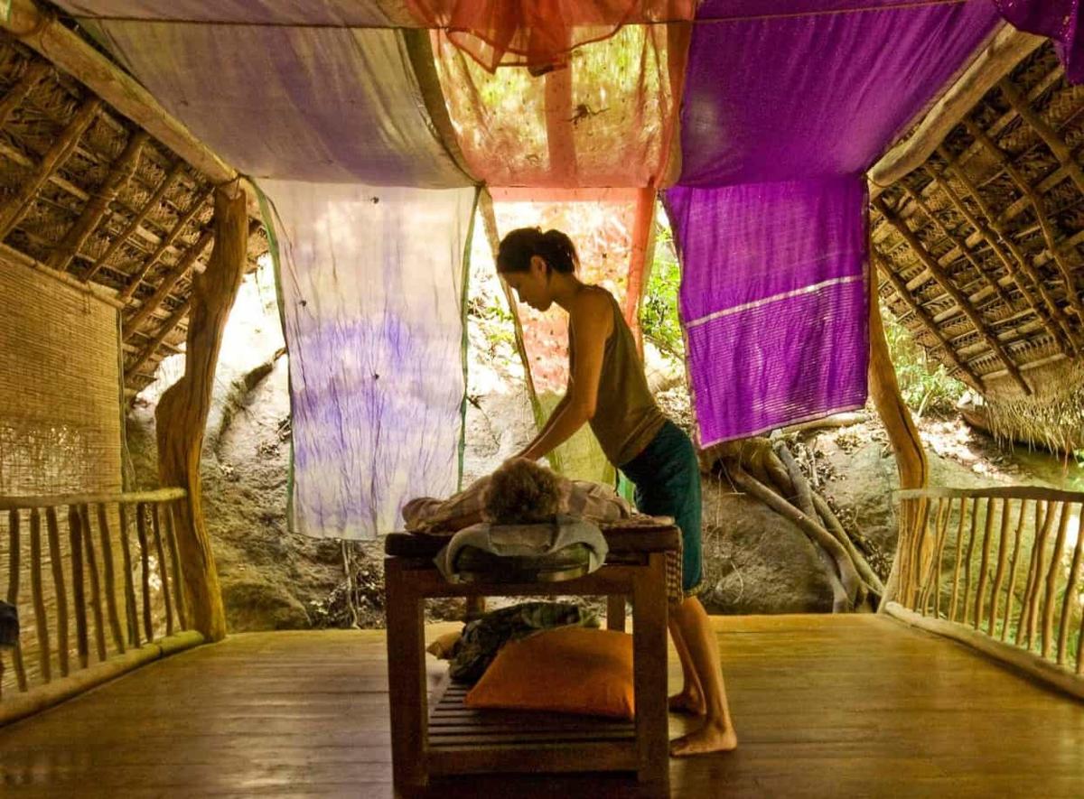 Purple cloths drying beside the Ayurveda massage pavilion at Ulpotha.