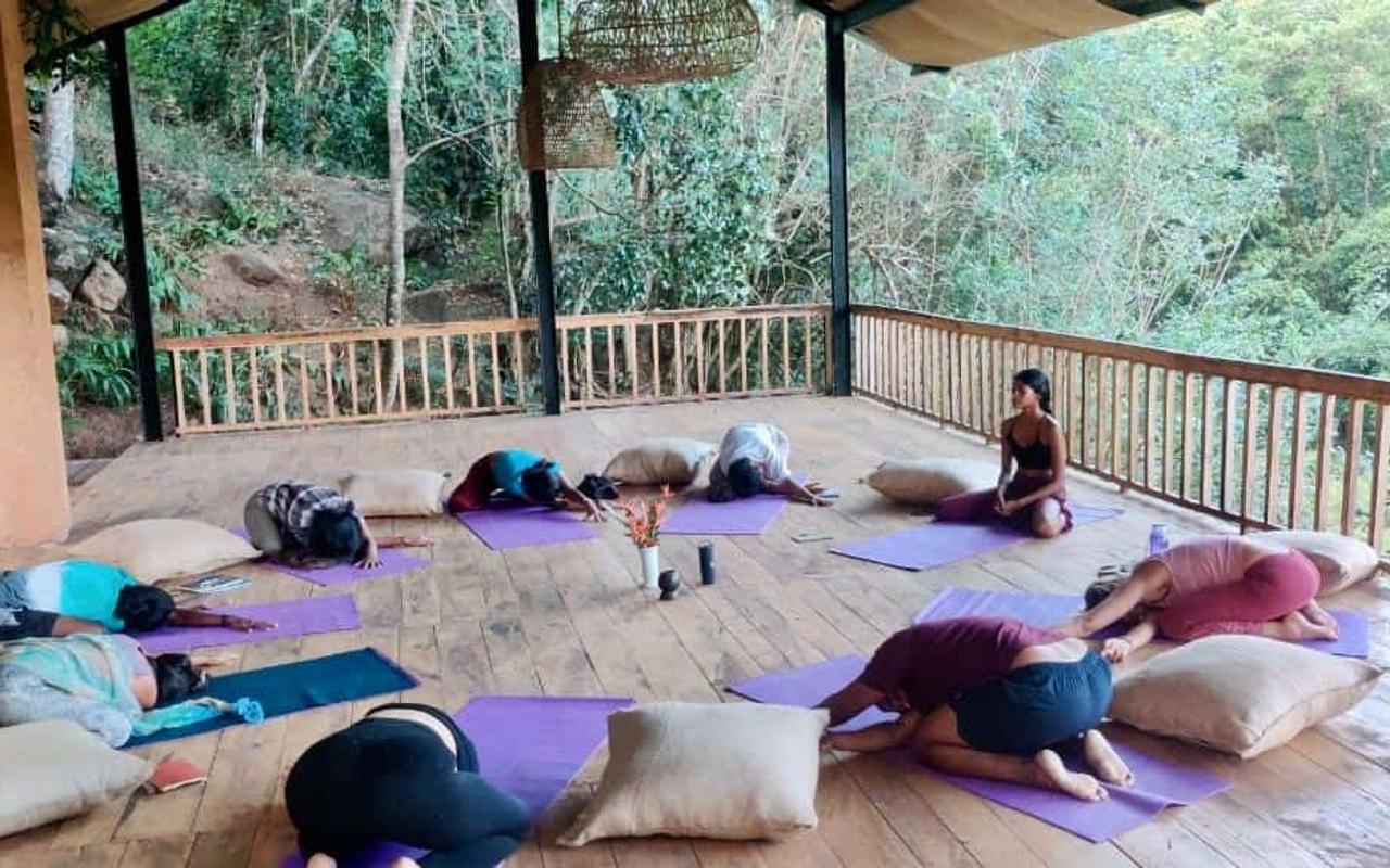 A class resting on mats and cushions in an open wooden pavilion above the jungle