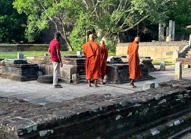 Three Buddhist monks in orange robes and a man in a maroon shirt walking among ancient stone temple ruins surrounded by jungle.