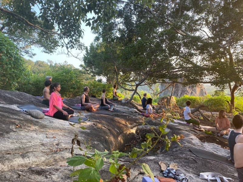 Guests seated in meditation on yoga mats spread across a granite rock outcrop, shaded by trees, with sunlit jungle in the background.
